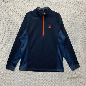SPYDER Jacket‎ Sweater Mens XL  1/4 Zip Pullover Navy Blue Pockets Orange Logo